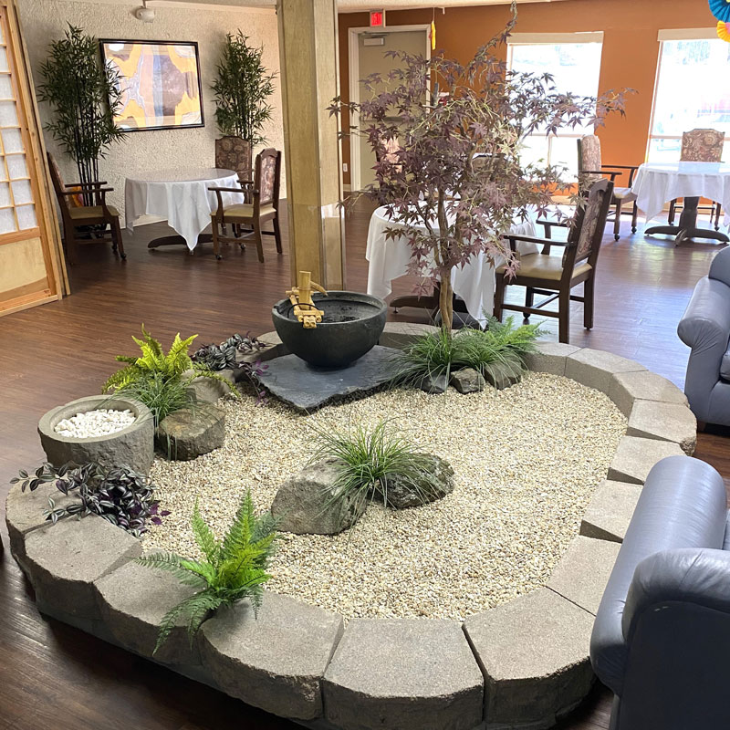 Dining room with giant sand garden.